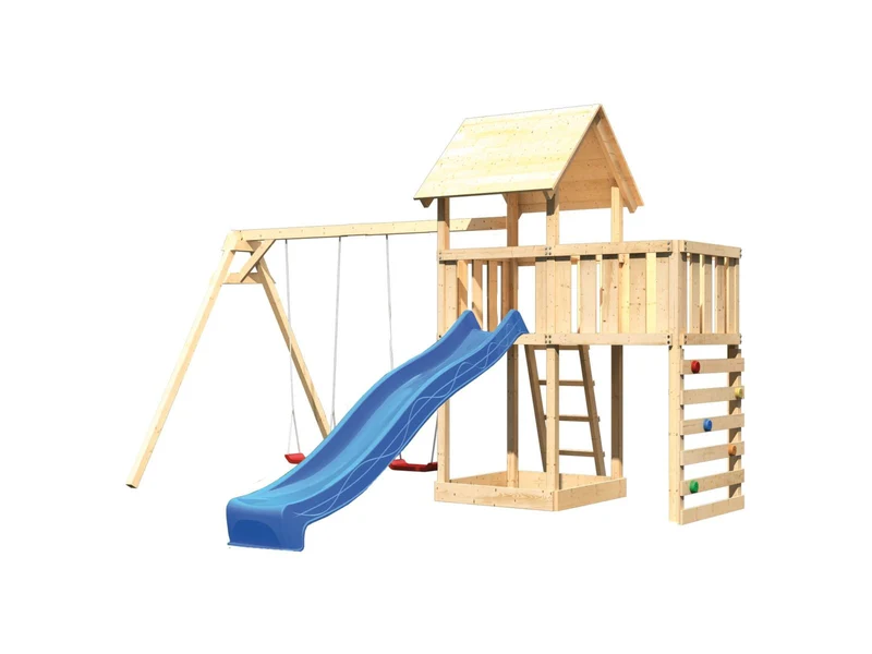 Karibu Spielturm Lotti Satteldach + Rutsche blau + Doppelschaukel + Anbauplattform + Kletterwand