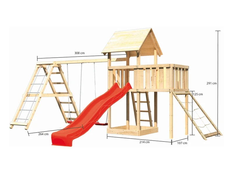 Karibu Spielturm Lotti Satteldach + Rutsche rot + Doppelschaukelanbau Klettergerüst + Anbauplattform