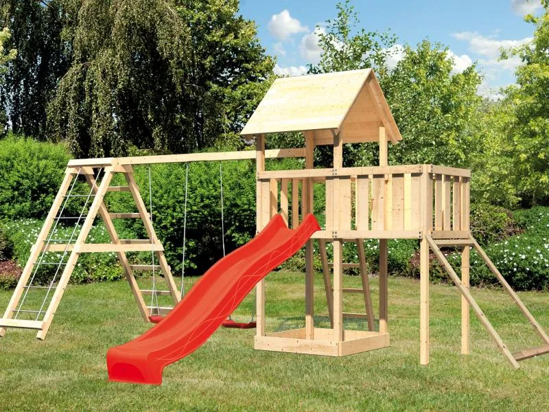 Karibu Spielturm Lotti Satteldach + Rutsche rot + Doppelschaukelanbau Klettergerüst + Anbauplattform