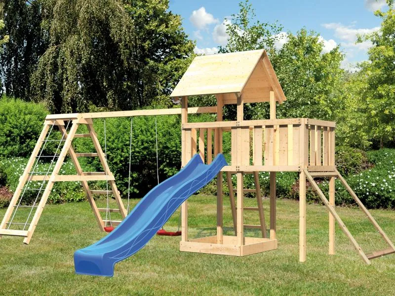 Karibu Spielturm Lotti Satteldach + Rutsche blau + Doppelschaukelanbau Klettergerüst + Anbauplattfor