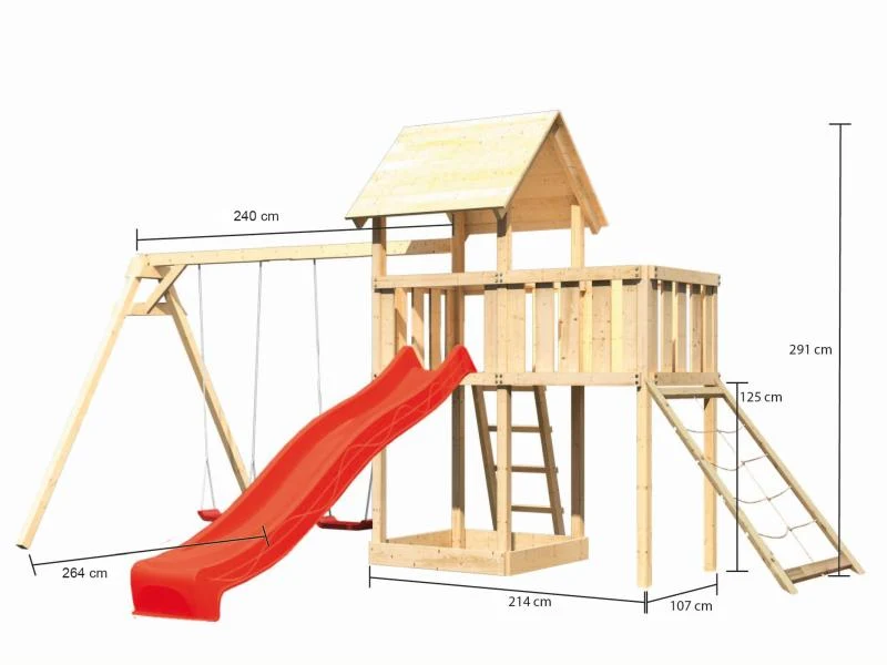 Karibu Spielturm Lotti Satteldach + Rutsche rot + Doppelschaukel + Anbauplattform + Netzrampe