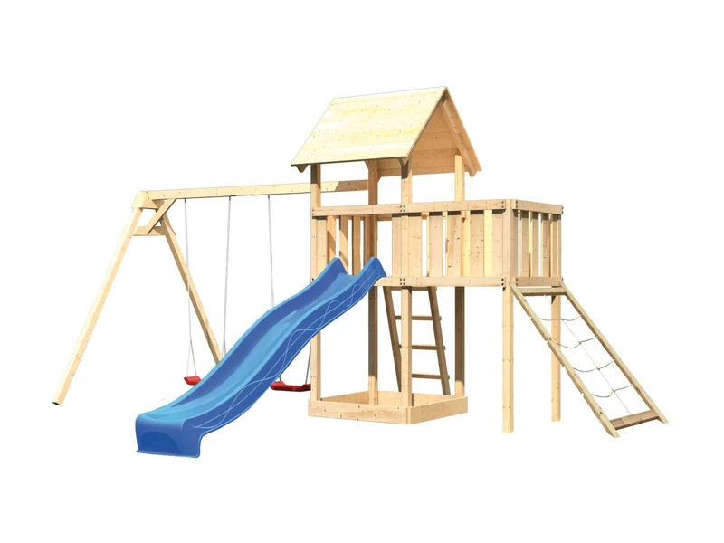 Karibu Spielturm Lotti Satteldach + Rutsche blau + Doppelschaukel + Anbauplattform + Netzrampe
