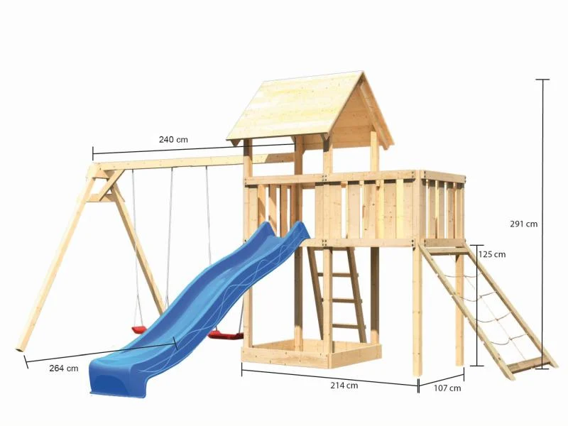 Karibu Spielturm Lotti Satteldach + Rutsche blau + Doppelschaukel + Anbauplattform + Netzrampe