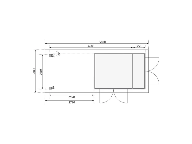 Karibu Gartenhaus Retola 2 natur mit Anbauschrank und 2,80 Meter Anbaudach