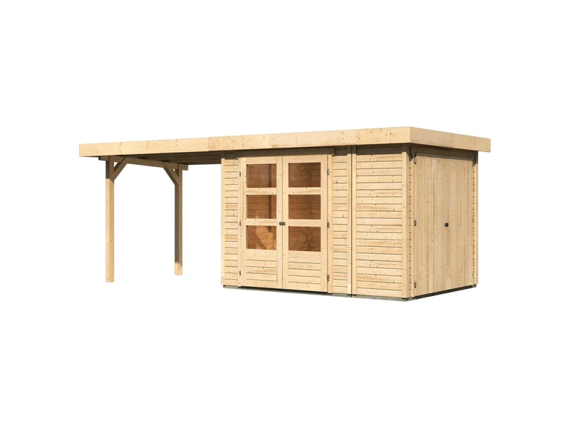 Karibu Gartenhaus Retola 2 natur mit Anbauschrank und 2,80 Meter Anbaudach