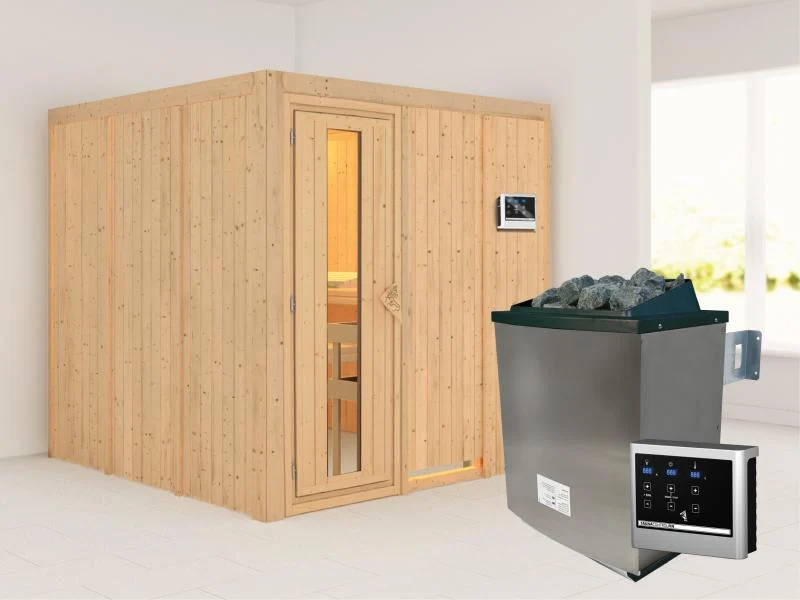 Karibu Sauna Rodin inkl. 9-kW-Ofen mit externer Steuerung, ohne Dachkranz, mit energiesparender Saun