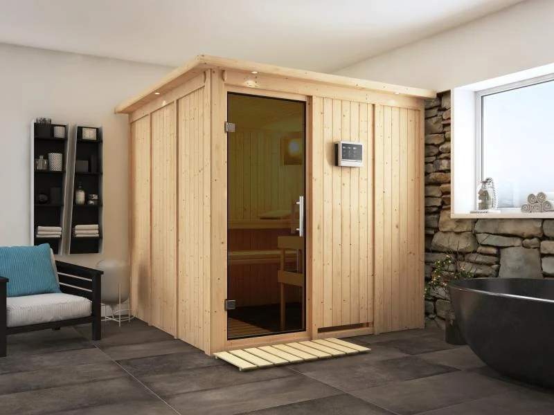 Karibu Sauna Rodin inkl. 9-kW-Ofen mit externer Steuerung, mit Dachkranz, mit moderner Saunatür