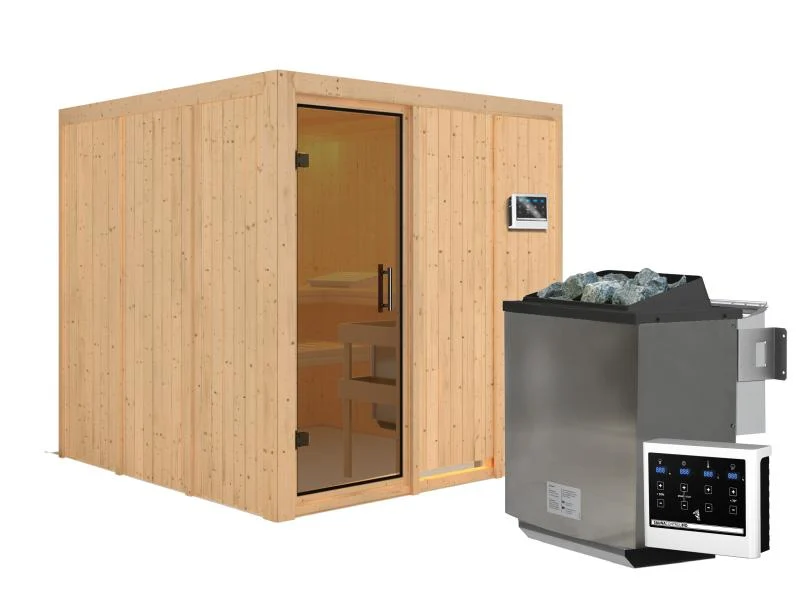 Karibu Sauna Rodin inkl. 9-kW-Bioofen mit externer Steuerung, ohne Dachkranz, mit moderner Saunatür