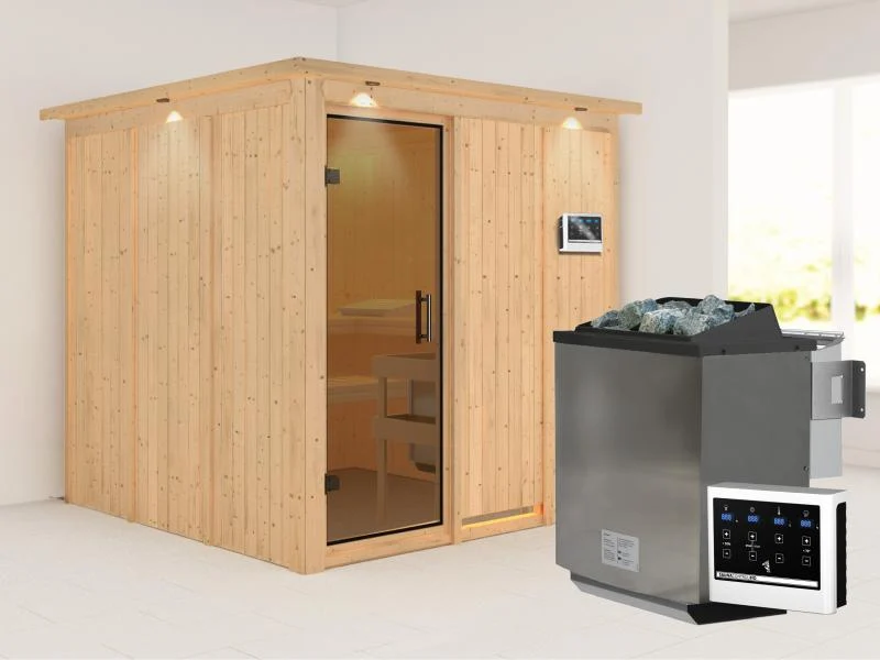 Karibu Sauna Rodin inkl. 9-kW-Bioofen mit externer Steuerung, mit Dachkranz, mit moderner Saunatür