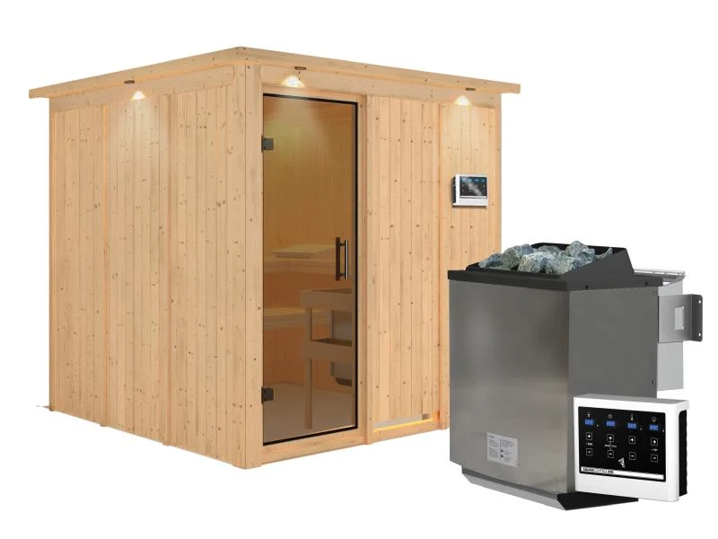 Karibu Sauna Rodin inkl. 9-kW-Bioofen mit externer Steuerung, mit Dachkranz, mit moderner Saunatür