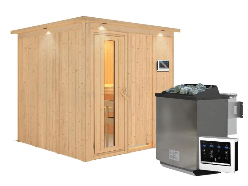 Karibu Sauna Rodin inkl. 9-kW-Bioofen mit externer Steuerung, mit Dachkranz, mit energiesparender Sa