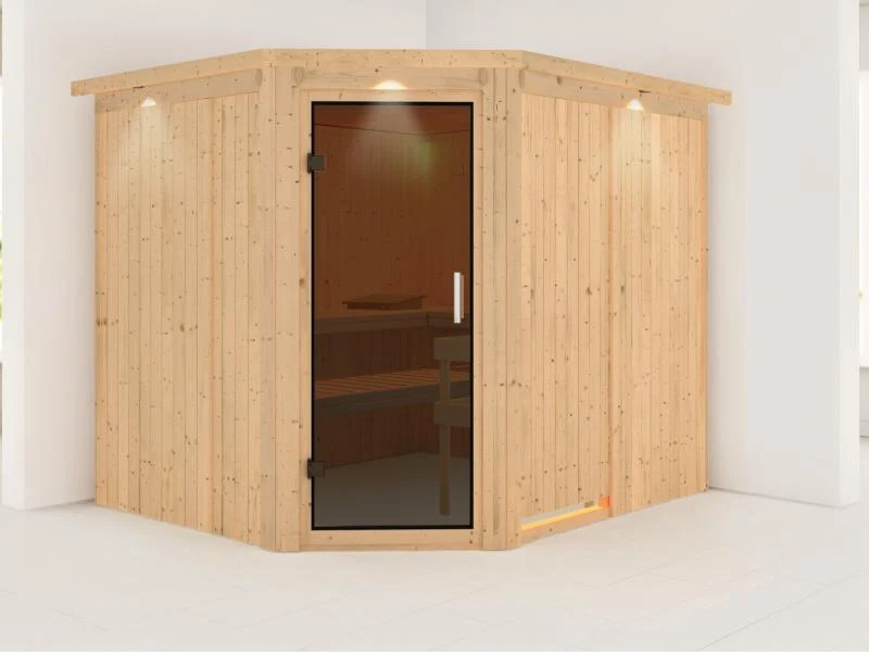 Karibu Sauna Malin ohne Ofen, mit Dachkranz, mit moderner Saunatür