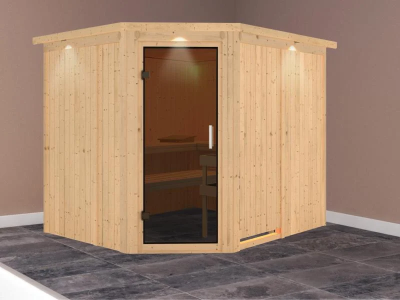 Karibu Sauna Malin ohne Ofen, mit Dachkranz, mit moderner Saunatür