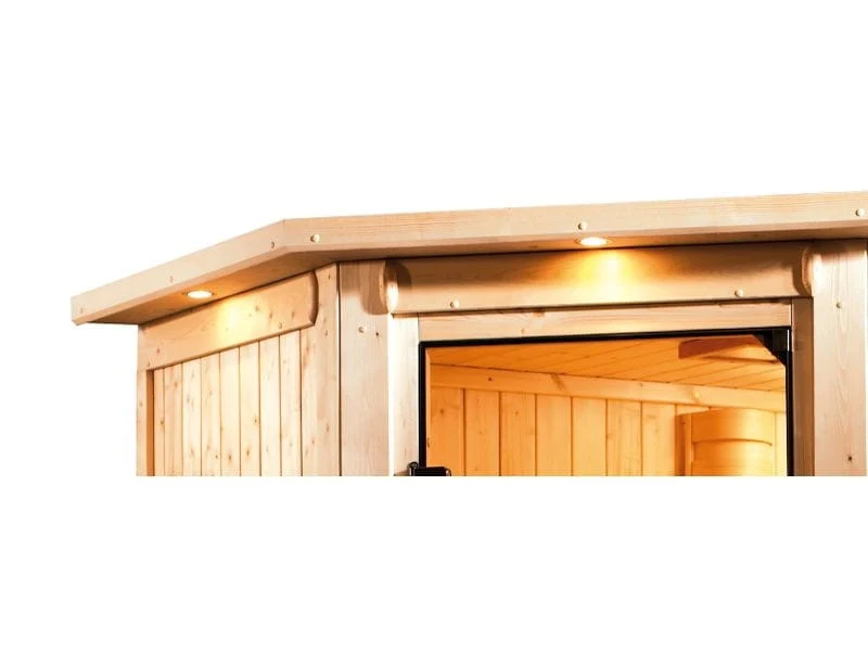 Karibu Sauna Malin ohne Ofen, mit Dachkranz, mit moderner Saunatür