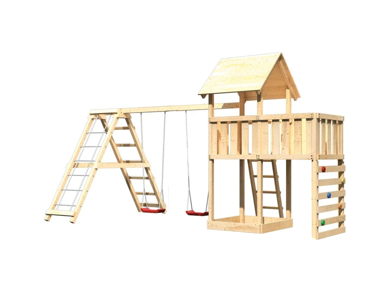 Karibu Spielturm Lotti Satteldach + Doppelschaukelanbau Klettergerüst + Anbauplattform + Kletterwand
