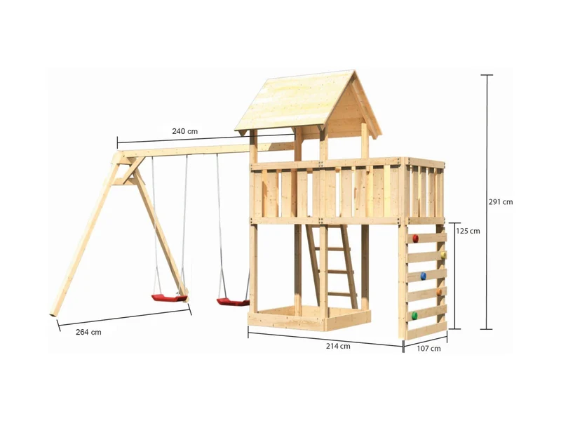 Karibu Spielturm Lotti Satteldach + Doppelschaukel + Anbauplattform + Kletterwand