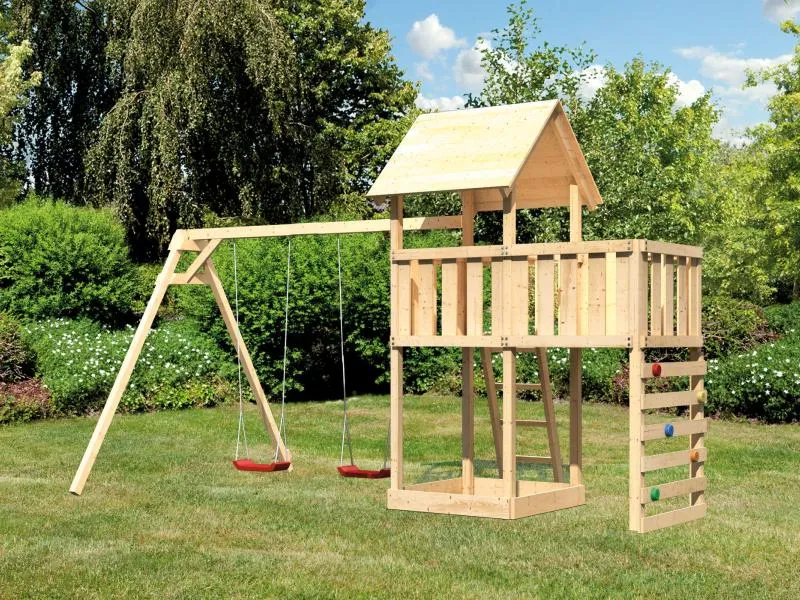 Karibu Spielturm Lotti Satteldach + Doppelschaukel + Anbauplattform + Kletterwand
