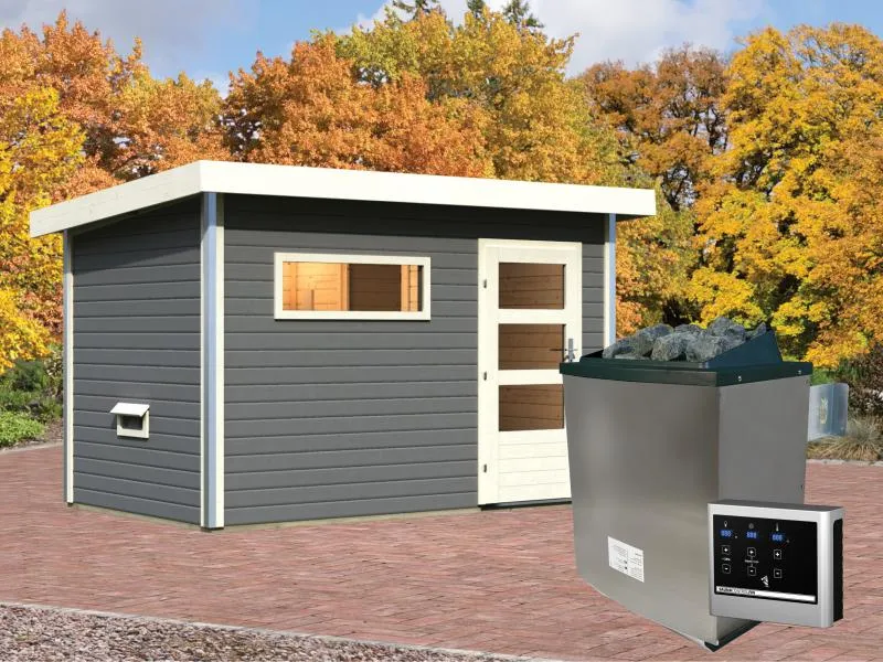Karibu Saunahaus Skrollan 1 in terragrau- 38 mm- 9 kW Ofen ext. Strg- moderne Tür