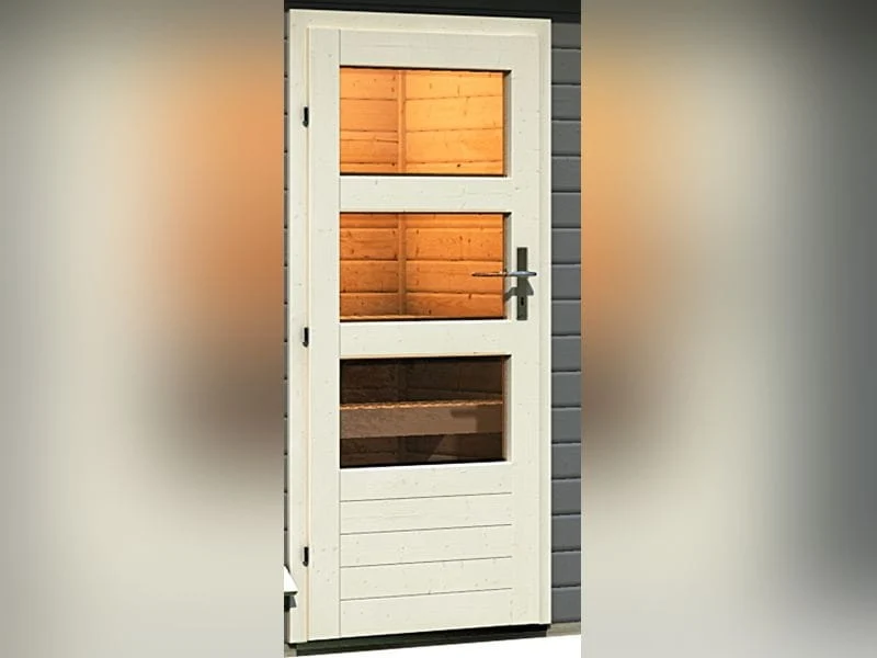 Karibu Saunahaus Skrollan 1 in terragrau- 38 mm- 9 kW Ofen ext. Strg- moderne Tür