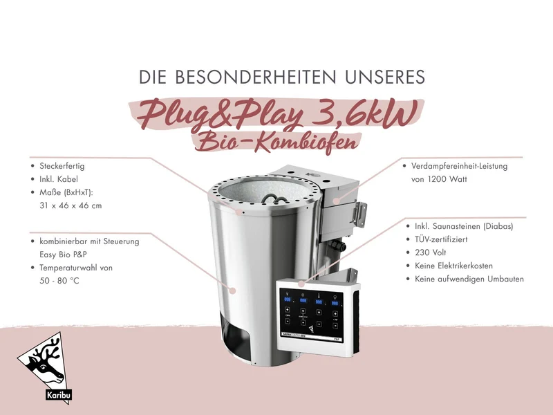 Karibu Bio-Saunaofen Plug & Play 3,6 kW externe Steuerung steckerfertig