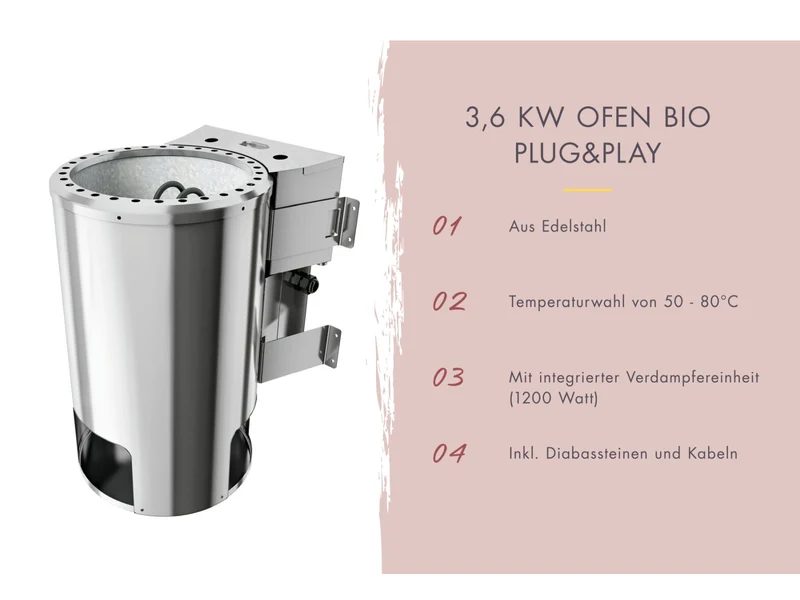 Karibu Bio-Saunaofen Plug & Play 3,6 kW externe Steuerung steckerfertig