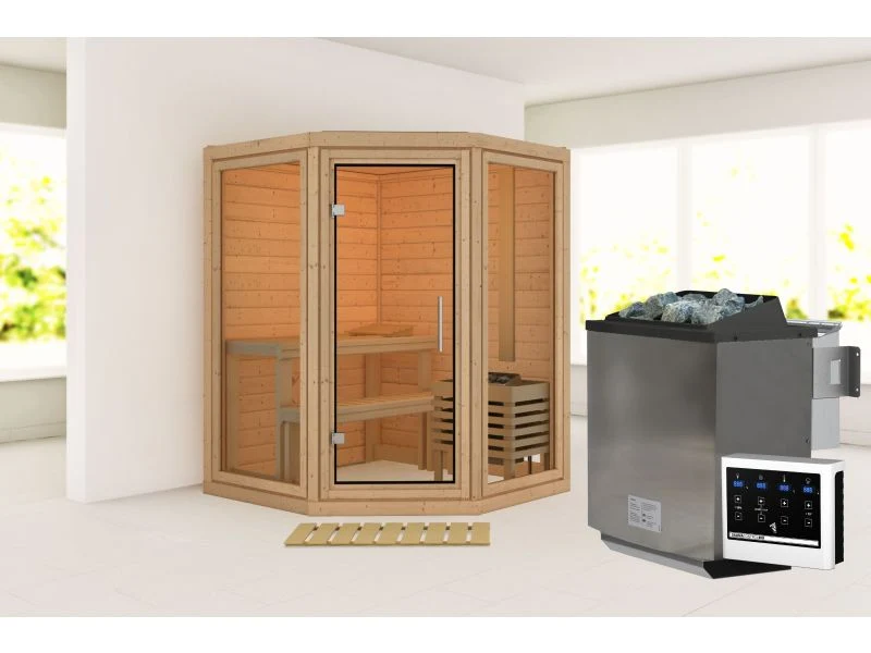 Karibu Sauna Yuma, inkl. 9 kW Bioofen ext. Steuerung, mit Klarglas Ganzglastür