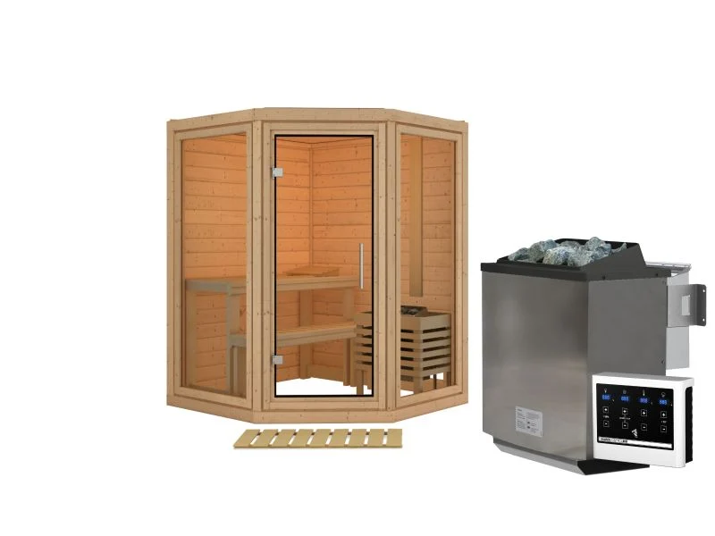 Karibu Sauna Yuma, inkl. 9 kW Bioofen ext. Steuerung, mit Klarglas Ganzglastür