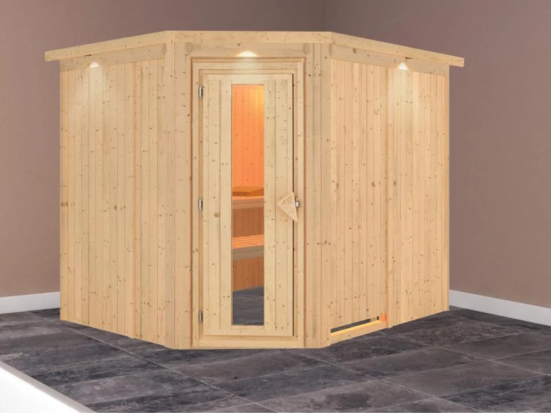 Karibu Sauna Malin ohne Ofen, mit Dachkranz, mit energiesparender Saunatür