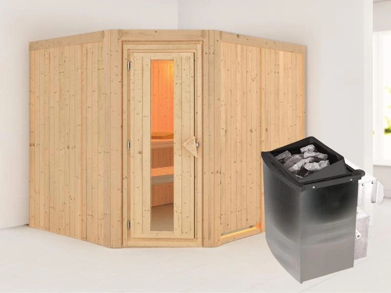 Karibu Sauna Malin inkl. 9-kW-Ofen mit interner Steuerung, ohne Dachkranz, mit energiesparender Saun
