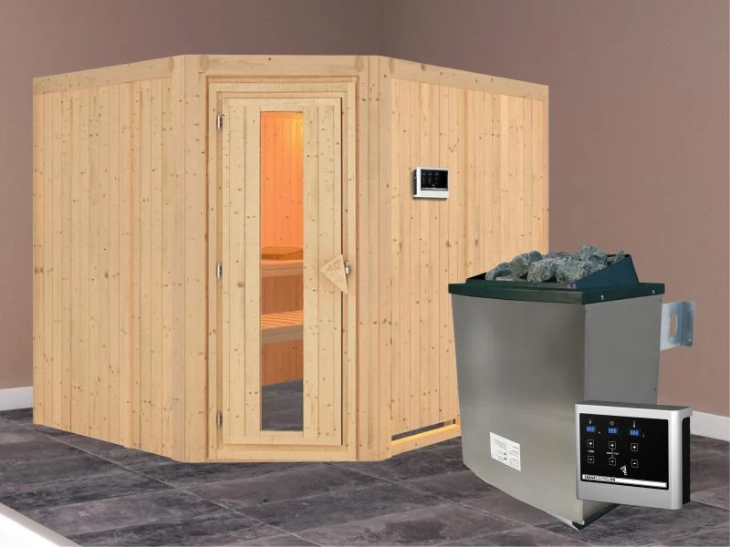 Karibu Sauna Malin inkl. 9-kW-Ofen mit externer Steuerung, ohne Dachkranz, mit energiesparender Saun