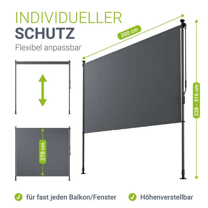B-Ware Senkrechtmarkise Barbados 200x310 grau Höhenverstellbar UV-beständig Sichtschutz