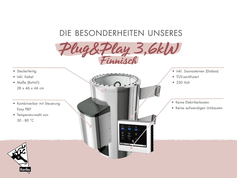 Karibu Saunaofen Plug & Play 3,6 kW externe Steuerung steckerfertig
