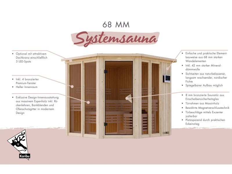 Karibu Sauna Airi, inkl. 9 kW Ofen integr. Steuerung - ohne Dachkranz -