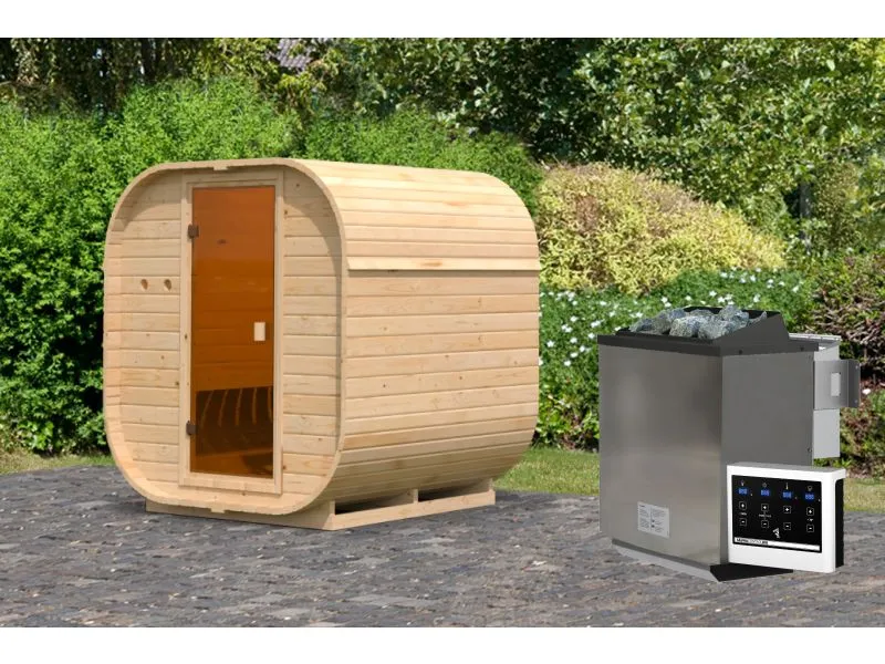 Karibu Fasssauna Quadro 1, inkl. 9 kW Bioofen ext. Steuerung - 38 mm