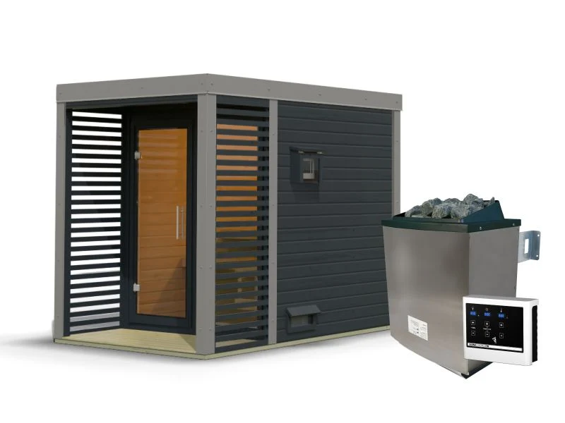 Karibu Hybrid Saunahaus Ares 1, anthrazit/graualuminium, inkl. 9 kW Ofen ext. Steuerung