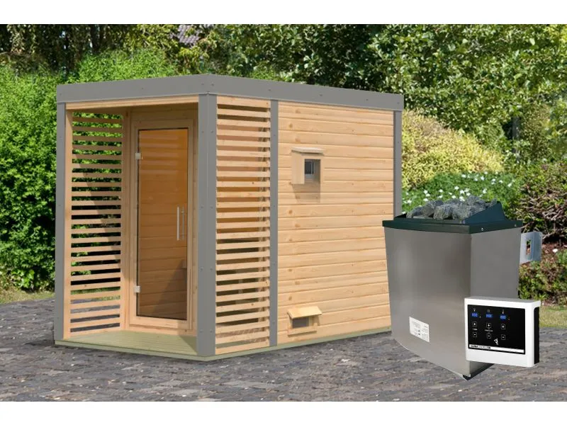 Karibu Hybrid Saunahaus Ares 1, naturbelassen/graualuminium, inkl. 9 kW Ofen ext. Steuerung