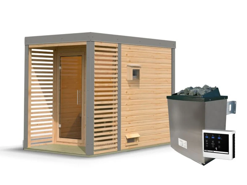 Karibu Hybrid Saunahaus Ares 1, naturbelassen/graualuminium, inkl. 9 kW Ofen ext. Steuerung