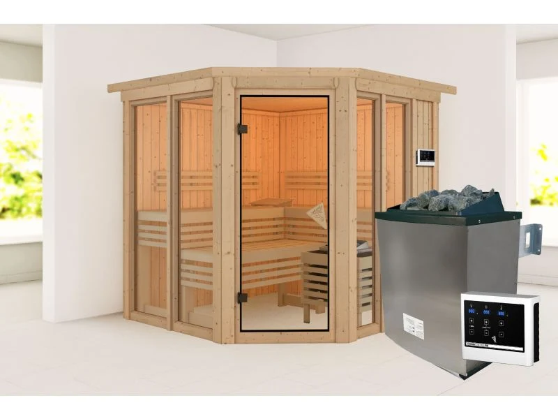 Karibu Sauna Airi, inkl. 9 kW Ofen ext. Steuerung - mit Dachkranz -