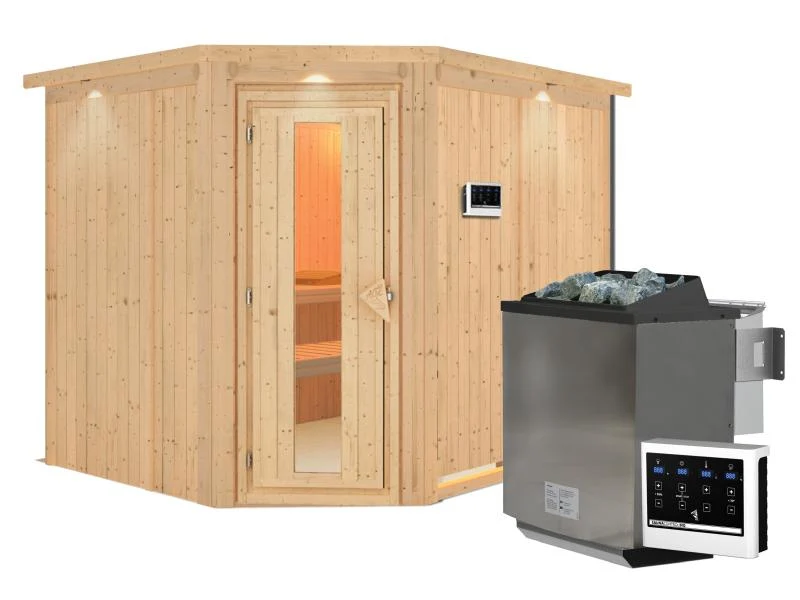 Karibu Sauna Malin inkl. 9-kW-Bioofen mit externer Steuerung, mit Dachkranz, mit energiesparender Sa