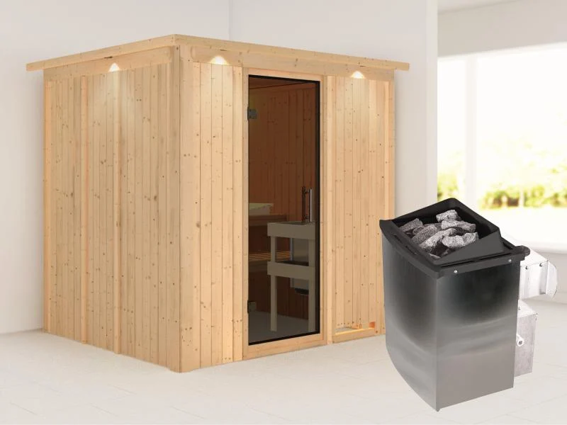 Karibu Sauna Sodin inkl. 9 kW Ofen integr. Steuerung mit moderner Saunatür - mit Dachkranz -