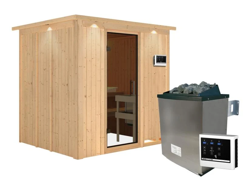 Karibu Sauna Sodin inkl. 9 kW Ofen ext. Steuerung mit moderner Saunatür - mit Dachkranz -