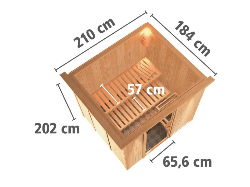 Karibu Sauna Sodin inkl. 9 kW Ofen ext. Steuerung mit moderner Saunatür - mit Dachkranz -