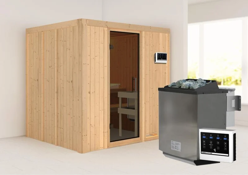 Karibu Sauna Sodin inkl. 9 kW Bioofen ext. Steuerung mit moderner Saunatür - ohne Dachkranz -