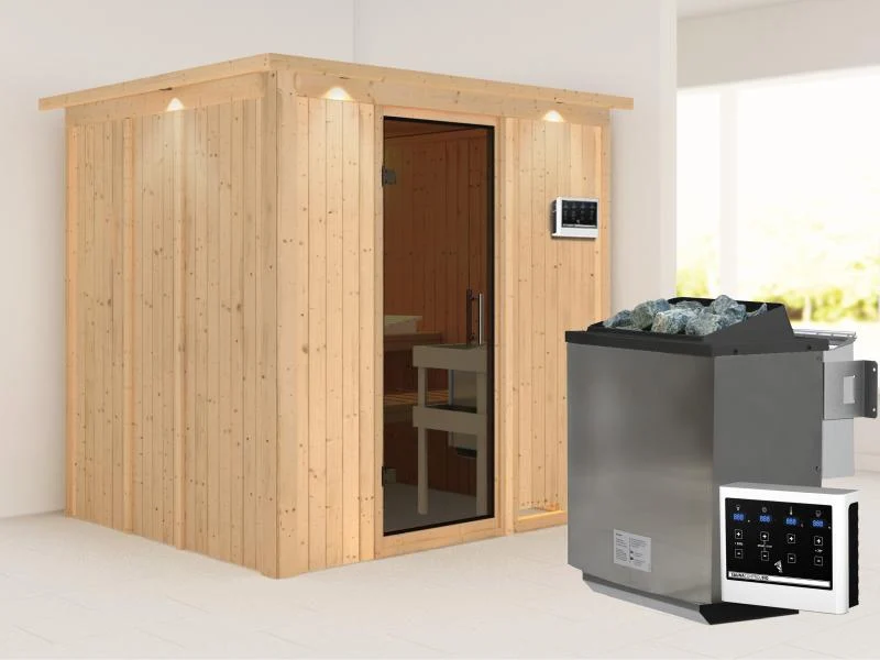 Karibu Sauna Sodin inkl. 9 kW Bioofen ext. Steuerung mit moderner Saunatür - mit Dachkranz -