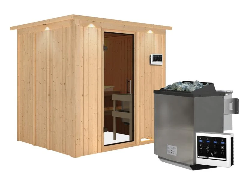 Karibu Sauna Sodin inkl. 9 kW Bioofen ext. Steuerung mit moderner Saunatür - mit Dachkranz -