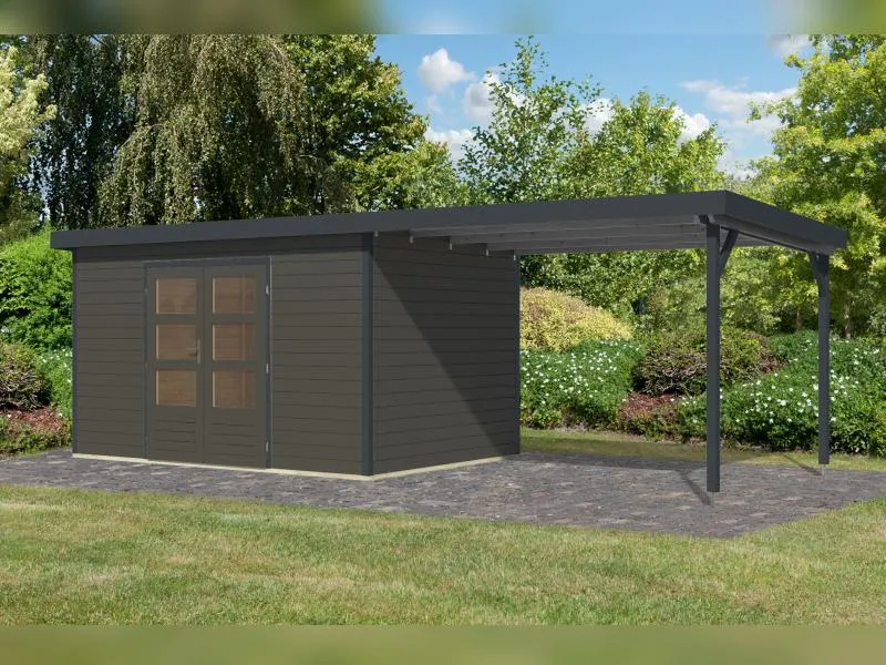 Karibu Hybrid Gartenhaus Pluto 7 B, terragrau/anthrazit, inkl. 3 m Anbaudach