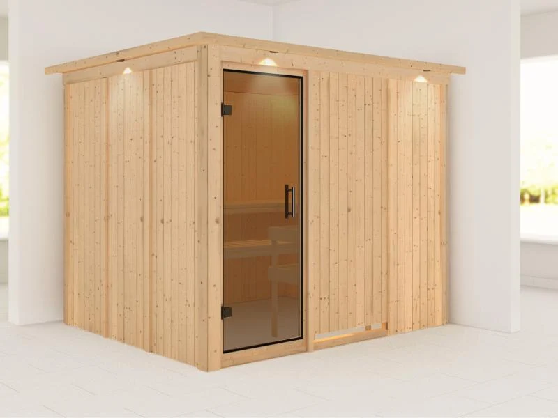 Karibu Sauna Gobin ohne Ofen, mit Dachkranz, mit moderner Saunatür