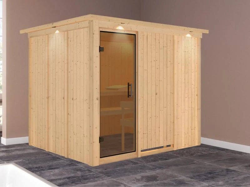 Karibu Sauna Gobin ohne Ofen, mit Dachkranz, mit moderner Saunatür