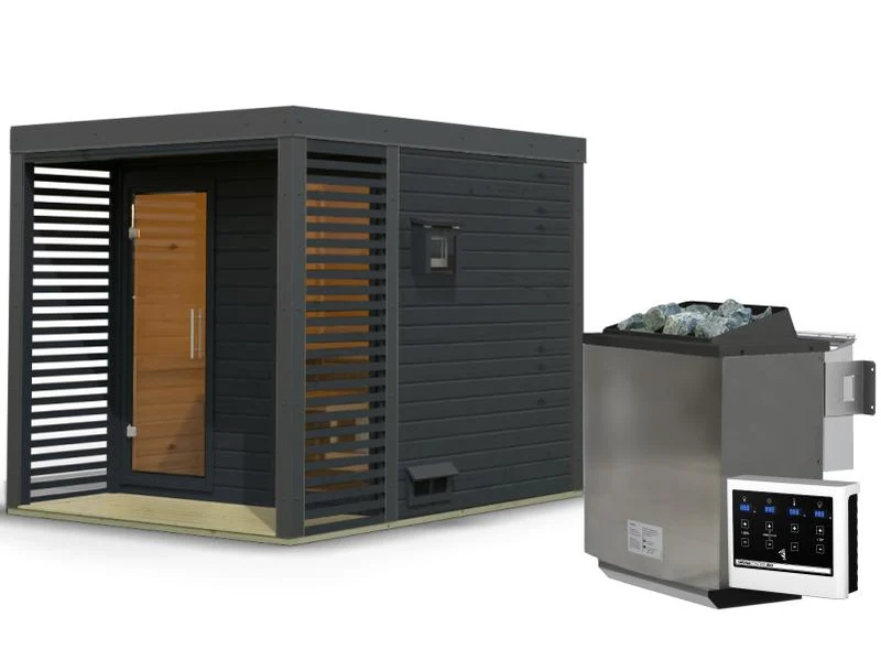 Karibu Hybrid Saunahaus Ares 2, anthrazit/anthrazit -inkl. 9 kW Bioofen ext. Steuerung-