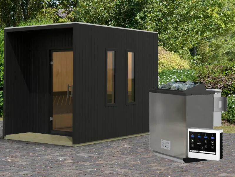 Karibu Saunahaus Laguna, schwarz, 73 mm - inkl. 9 kW Bioofen ext. Steuerung